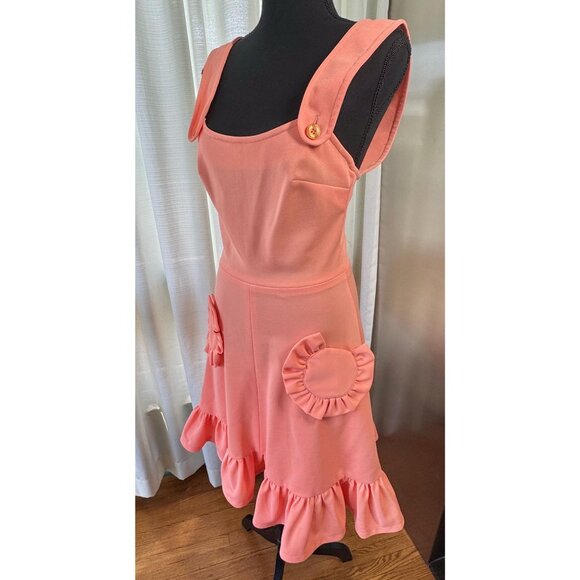 Vintage 80s pinafore dress, peach/coral, ruffled hem, round ruffle pockets - Picture 2 of 10